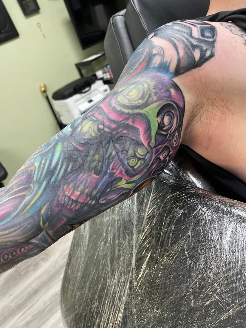 Full color sleeve with vivid purples and blues